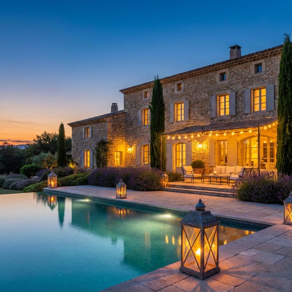 Luxury French property with swimming pool at twilight